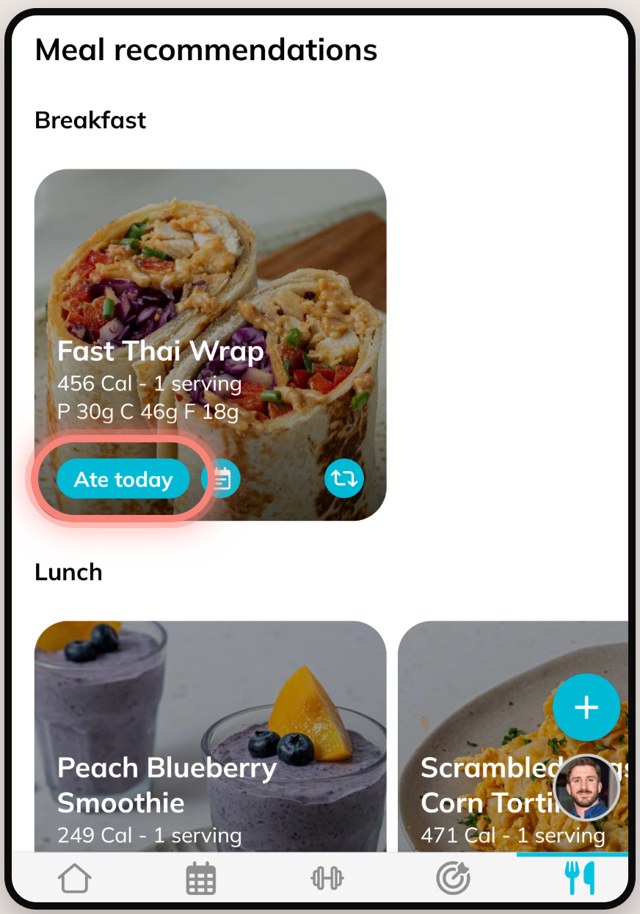 VIVE Coaching showing meal ideas with an Ate today button
