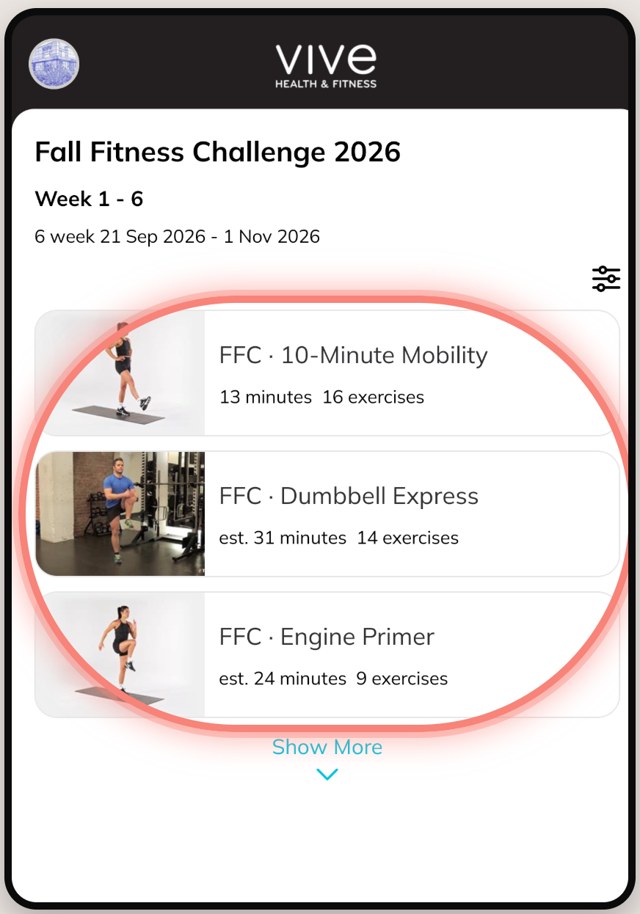 VIVE Coaching showing a list of Fall Fitness Challenge workouts